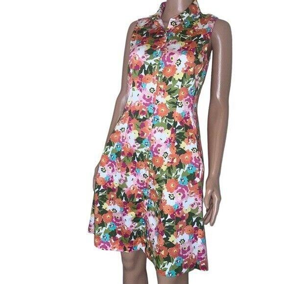 Talbots Woman Dress Pink Floral Bright Sleeveless Cotton Collar Button Down SZ 8 - Picture 8 of 13